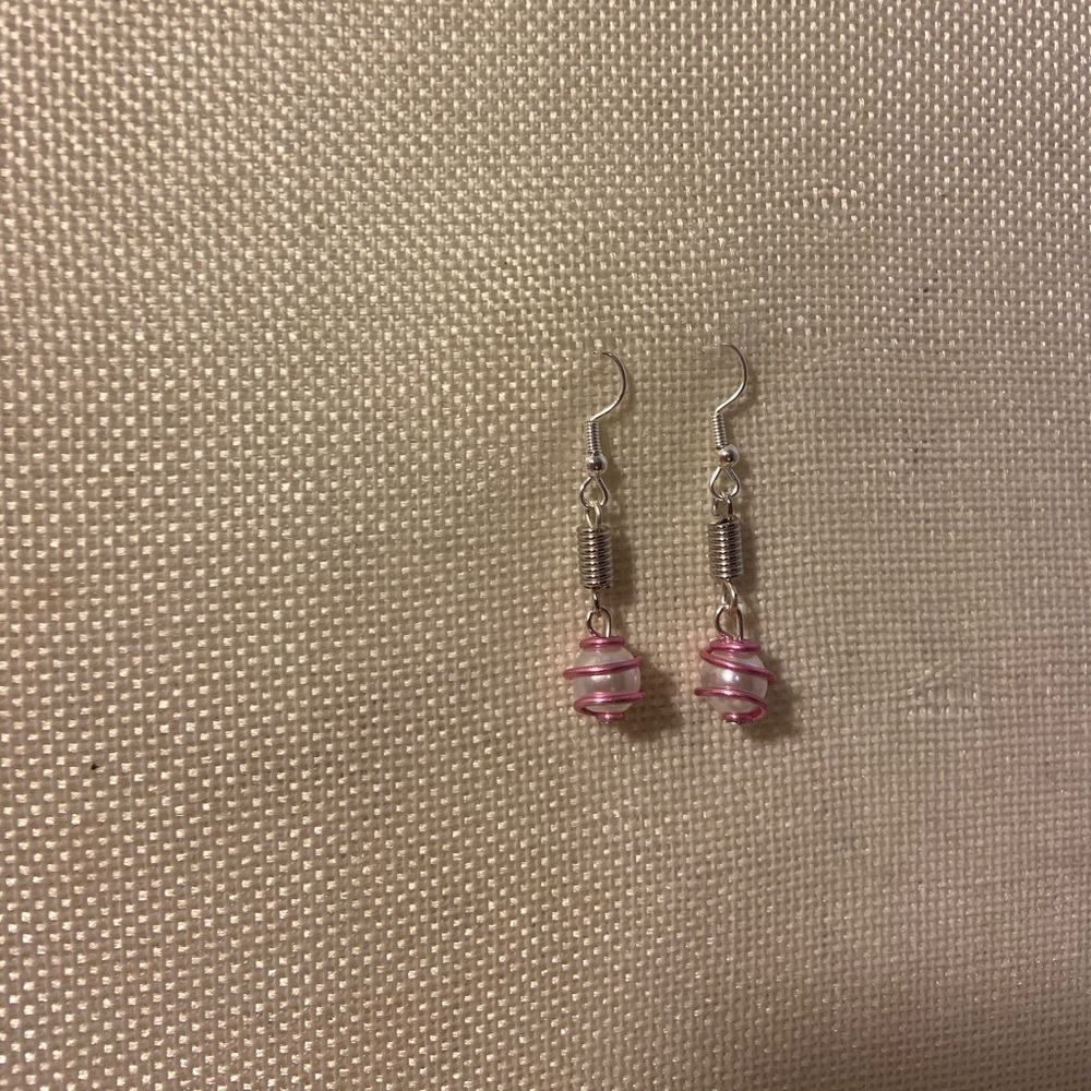 Pink and silver wire wrapped earrings